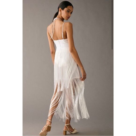 NEW Anthropologie Delfi Collective White Fringe Cocktail Wedding Dress Large - Picture 2 of 6